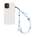 Handmade beaded phone wrist strap with blue resin bows, bears, and candies on white case - Blue And White Bowknot Bear Beaded Strap (SZ-A230042A)
