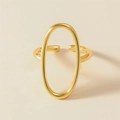 Detail view of the 18K gold plated brass oval ring with a geometric hollow open band - Gold / Adjustable Open