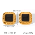 Macro view of oversized square earrings with 18k gold hammer texture and black enamel inlay - Square Hammered Black Gold Earrings(OD-E10780-BK)