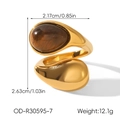 Détail d'une bague dorée avec pierre œil de tigre et spécifications de poids - Style Ouvert Pierre Brune Larme (XZ-R30595-7)
