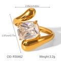 Detail view of gold open ring with cushion-cut zircon and precise size measurements - Cushion Cut Zirconia Modern Style (OD-R30462)