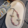 Rosa Perlen Handykette mit süßem Bären und Wolkenanhänger auf einem Dekotablett - Rosa Stil (SZ-A230047C)