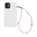 Vue détaillée du bijou de téléphone rose avec perles œil de chat sur une coque blanche - Perles Roses Yeux de Chat Rose Bleu (SZ-A230057H)