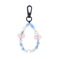 Pink heart and blue beaded handmade acrylic keychain with black plastic carabiner clip - Blue And White Heart Beaded Style (YS-A230013A)