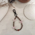 Close-up of heart-shaped beads and striped acrylic charms on an aesthetic beaded keychain - Brown Striped Pink Heart Beaded Style (YS-A230012E)