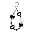 Correa para móvil de cuentas blancas y negras con corazón pixel y adorno de lazo - Corazón Pixel Blanco y Negro Lazo (SZ-A240005B)