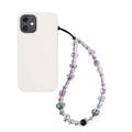Detail of purple crystal beaded phone strap with heart charm on a white phone case - Purple Heart Iridescent Bead Style (SJ-A240008A)