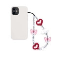 Close-up of acrylic beaded phone strap with pixel heart and pink butterfly charms - Red and Pink Pixel Heart Style (SZ-A240012C)