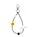 Detail of beaded keychain with silver beads, pearl, yellow smiley face and white cloud - Ys-a240001a