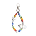 Detail of colorful beaded keychain with white pearl heart and cloud charms on white backdrop - Pearl Heart And Cloud Rainbow Beads Style (YS-A240009A)