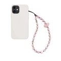 Pink beaded phone charm with heart pendant and silver accents on white background - Rose Quartz Heart Style (SZ-A240035A)