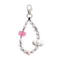 Close-up of handmade beaded keychain featuring pink hearts and white clouds on white background - Pink Heart Sweet Style (YS-A240019E)