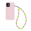 Detail van roze en groene kralen telefoonkoord met amberkleurige kristallen kralen - Roze Groen Amber (SZ-A220001G)