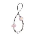 Detail of pink crystal heart and flower beads on a handmade beaded phone charm strap - Pink Heart Flower Style (SZ-A240044A)