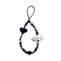 Handmade beaded phone strap with black heart and white cloud charms in retro style - Black and White Heart Cloud Style (SZ-A240040A)