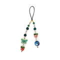 Detail of colorful beaded phone strap with green butterfly and red strawberry charms - Green Butterfly With Red Strawberry Translucent Texture Beads (SZ-A240079A)
