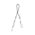 Detailed view of beaded phone charm featuring pearl beads, crystal beads, and flower pendant - Silver Metal Beads And Pearl With Iridescent Five-Petal Flower (SZ-A240080A)