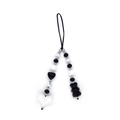 Detail view of monochrome heart beads and black bear pendant on mobile phone strap - Black And White Heart And Bear Beaded (SZ-A240086E)