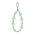 Handmade beaded phone strap with green matte hearts and transparent acrylic crystal beads - Light Green Heart Style (SZ-A250010C)