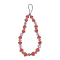 Rainbow beaded phone wrist strap with red heart charms and crystal beads on white background - Sz-a250015d