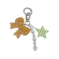 Macro detail of amber resin bow and green star pendant with silver lobster clasp on white - Amber Bow Green White Striped Star (YS-A250061A)