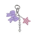 Detail of purple acrylic bow, star pendant and faux pearls on a silver keychain - Purple Bow Pink White Striped Star (YS-A250061B)