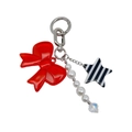 Chic phone charm with red resin bow, white pearls, and striped star on a silver clasp - Red Bow Black White Striped Star (YS-A250061C)