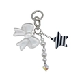 Detail view of bow, pearl beads and striped star charm on a silver metal keychain - Frosted White Bow Black White Striped Star (YS-A250061D)