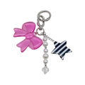 Detail of pink resin bow, pearl chain and star pendant on silver keyring keychain - Pink Bow Black Star Pearl Charm (YS-A250061E)