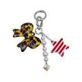 Detail of leopard print bow, pearl beads and striped star charm on a silver keychain - Leopard Bow Red Star Pearl Charm (YS-A250061F)