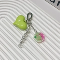 Detail of sweet bow phone charm with green heart, pearls, and Love Life acrylic tag - Fruit Green Heart Smiley Pearl Charm (YS-A250062A)