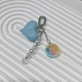 Blue heart pendant keychain with white pearls, gradient smile face and silver metal clasp - Sky Blue Heart Smiley Pearl Charm (YS-A250062D)