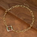 Close-up of gold paperclip chain necklace with rainbow zircon square pendant detail - Rainbow Square Style (NE2598-B)