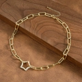 Detail of gold paperclip chain necklace with a star pendant encrusted with micro zircons - Star Pendant Style (NE2599-H)