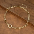 Detail of gold paperclip chain necklace with a sparkling cubic zirconia pave circle pendant - Rhinestone Ring Pendant Style (NE2599-I)