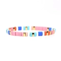 Detail shot of colorful Tila beads bracelet with mixed matte finish and golden metallic tiles - Pink Blue Orange White Mix (BR0880-B)
