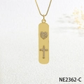 Macro detail of gold bar pendant necklace with pavé zircon heart and cross motifs - Heart Cross Style (NE2362-C)