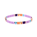 Close-up of bohemian stretch bracelet with colorful Tila beads and gold accents - Purple Orange Blue Tone (BR1039-B)