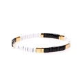 Detail of black, white, and gold Tila bead stretch bracelet with geometric pattern - Black White Gold Tone (BR1039-C)