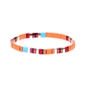 Macro shot of colorful Tila enamel tile beads on stretch cord with glossy metallic accents - Orange Red Gold Tone (BR1039-D)