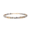 Detailed macro view of faceted grey stone beads and gold-plated textured spacers on bracelet - Labradorite (BR1123-Labradorite) / Flash Stone (Labradorite)