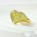 Macro detail of gold heart signet ring featuring layered lime green enamel finish - Adjustable Open / Yellow