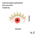 Detail view of 16mm gold plated evil eye pendant with crystal micro pave dimensions - Red and White Dual Crystal Style (P00460-A-2)