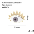 Detailed view of evil eye pendant in gold-plated copper with rhinestone accents and size chart - Light Blue Pupil Micro Pave Style (P00468-A-10)