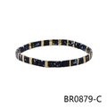 Detail of beaded stretch bracelet with black marbled rectangular beads and gold spacers - Black Gold Blue Vein Style (BR0879-C)