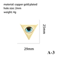 Detail view of gold-plated triangle evil eye pendant with 25x29mm size and weight specs - Gold Triangle Green Eye Pendant (A-3)