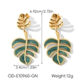 Detail view of hollow leaf earrings with green enamel and 18K gold plated finish - Dark Green (OD-E10960-GN)