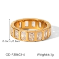 Detail showing 6.6mm gold wide band ring with inlaid baguette cut cubic zirconia - Size 6 / Rectangular Style (OD-R30603-6)