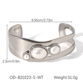 Macro detail of wide silver-toned cuff with pearl accents and size specifications - Triple Pearl Open Silver Bracelet (OD-B20223-S-WT)