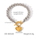 Detailed specs of stainless steel beaded bracelet with golden heart charm and OT clasp - Two-Tone Beaded Heart Style (OD-B20108)